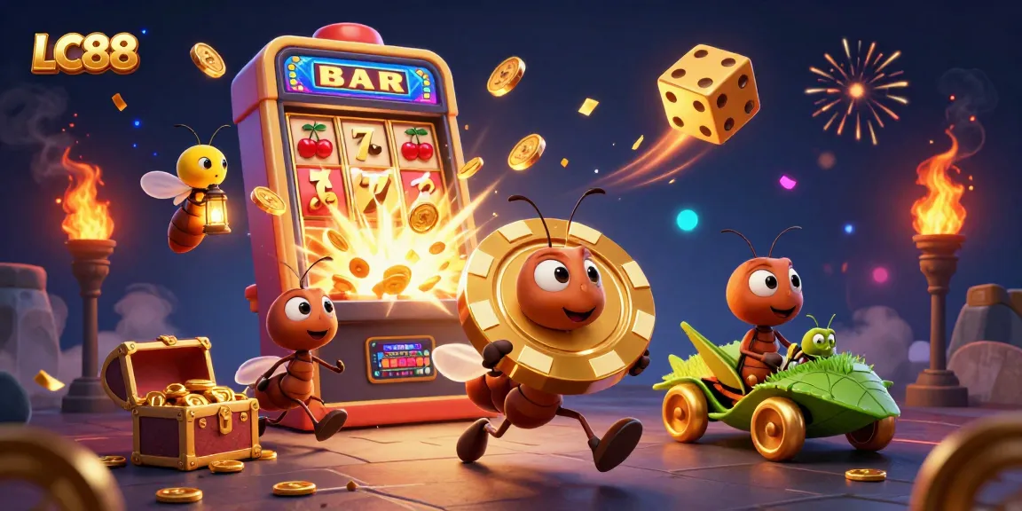 Engage with exciting games at LC88, featuring playful ants amidst a vibrant casino heist!