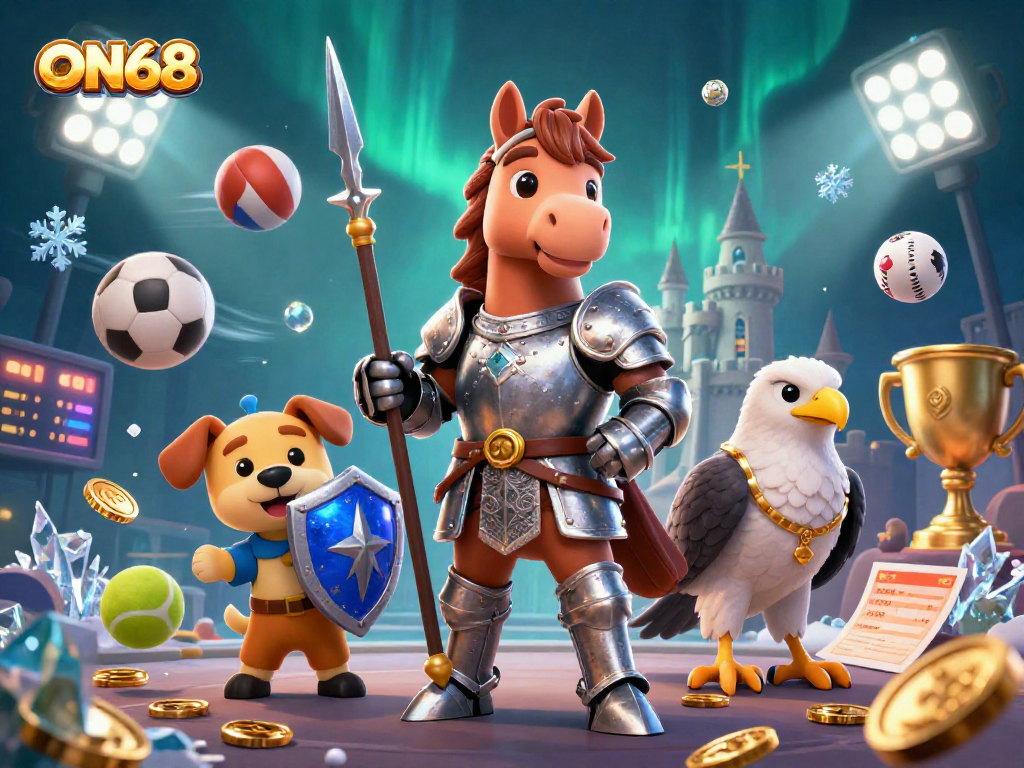 Engage in thrilling betting at ON68 with knights and sports elements triumphantly displayed.