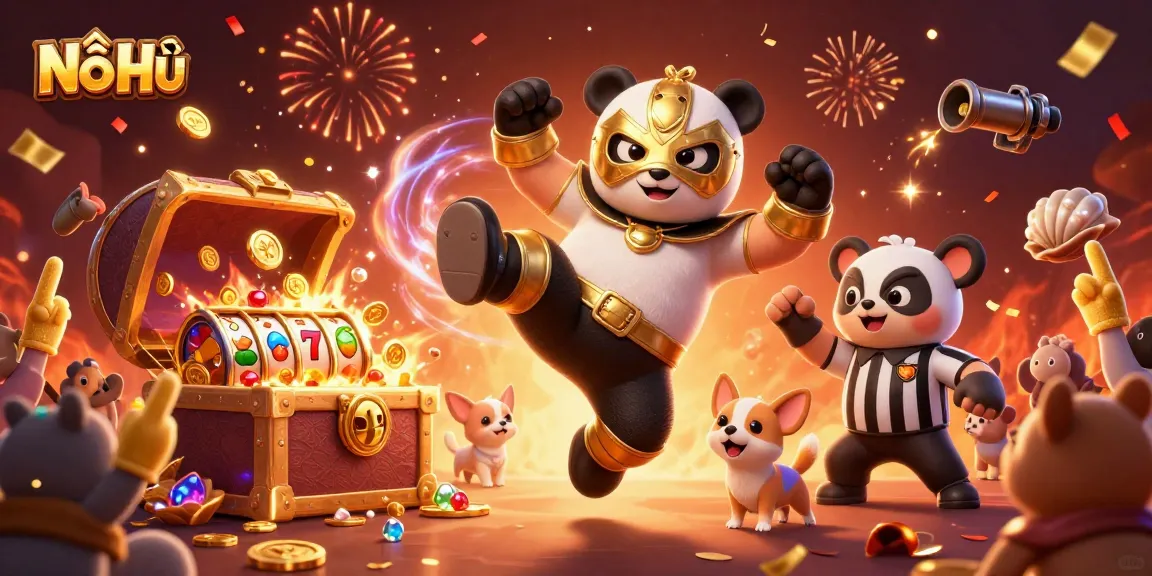 Nổ Hũ game scene showcasing action-driven panda wrestler amidst exploding treasure, slot reels, and cheering animal fans