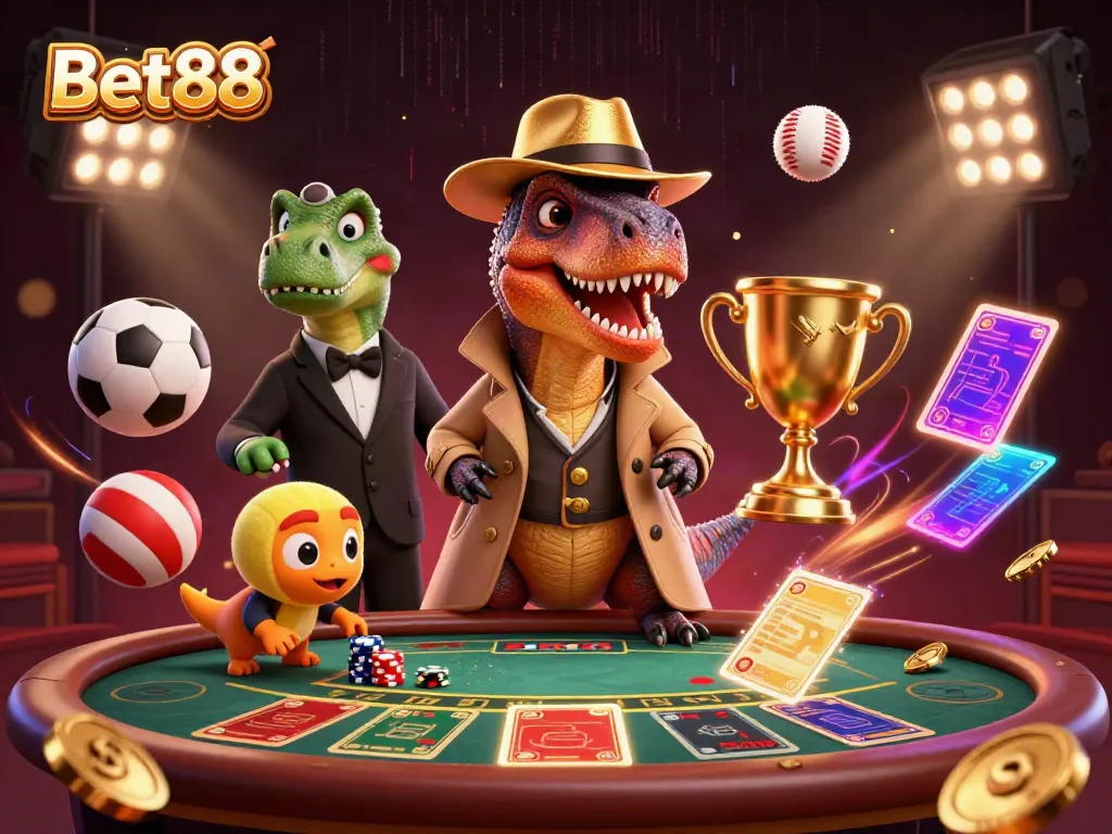 Experience the excitement of Bet88 with a velociraptor at a blackjack table surrounded by dynamic gaming elements.