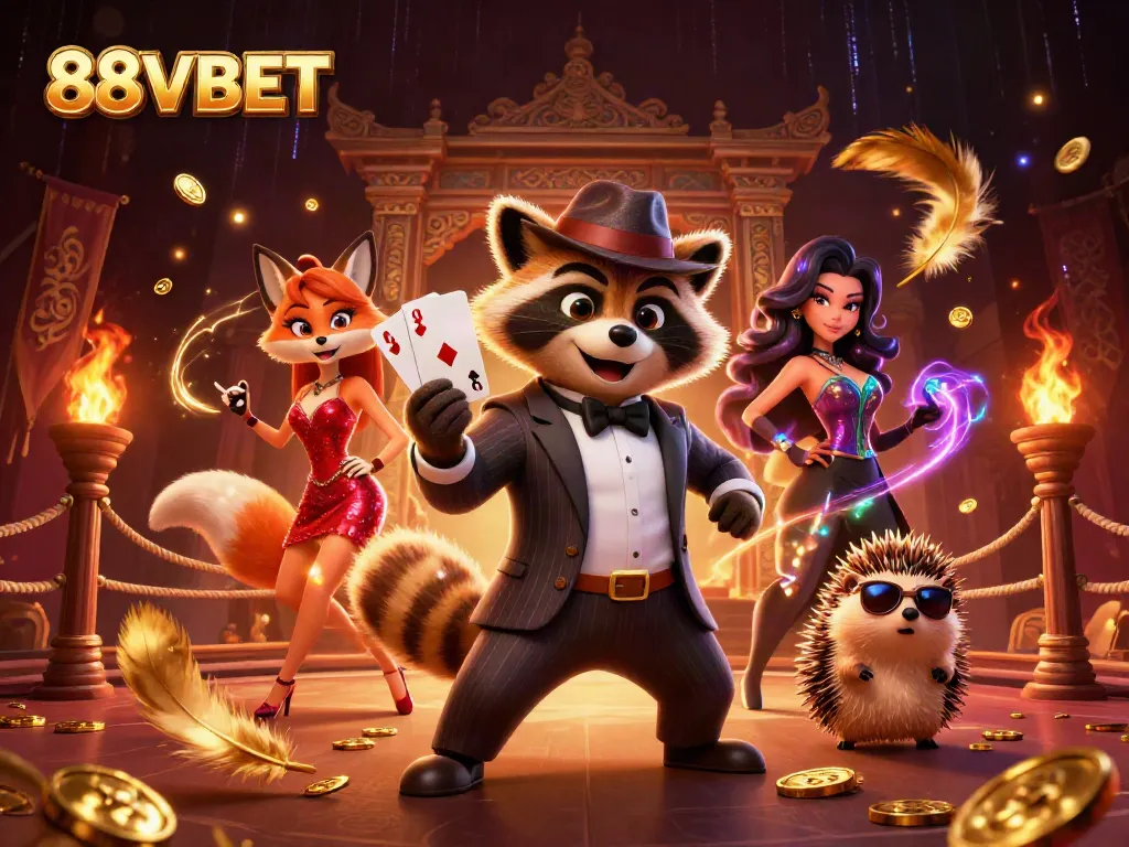 Experience winning hand strategies at 88VBET with this dynamic casino scene featuring raccoon, fox, and hedgehog.