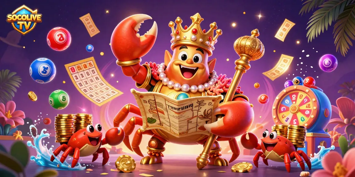 SOCOLIVE TV showcases a vibrant scene of the golden crab emperor and hermit crabs amidst colorful lottery elements, engaging players dynamically.