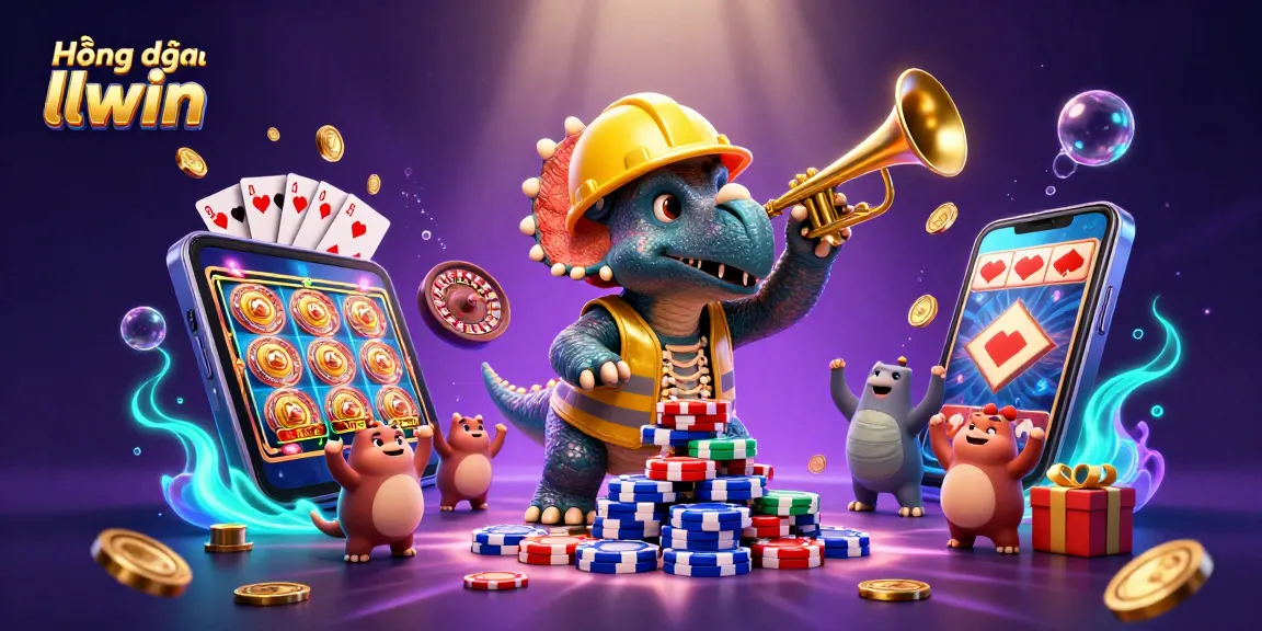 Engage with Hướng dẫn llwin in this vibrant casino-themed scene featuring a triceratops building poker chips with celebration.
