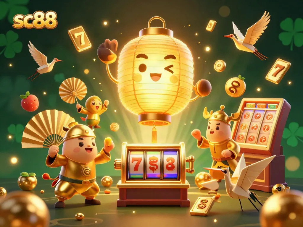Experience the thrill of sc88 gaming in a vibrant casino scene with lucky symbols and golden spirits.