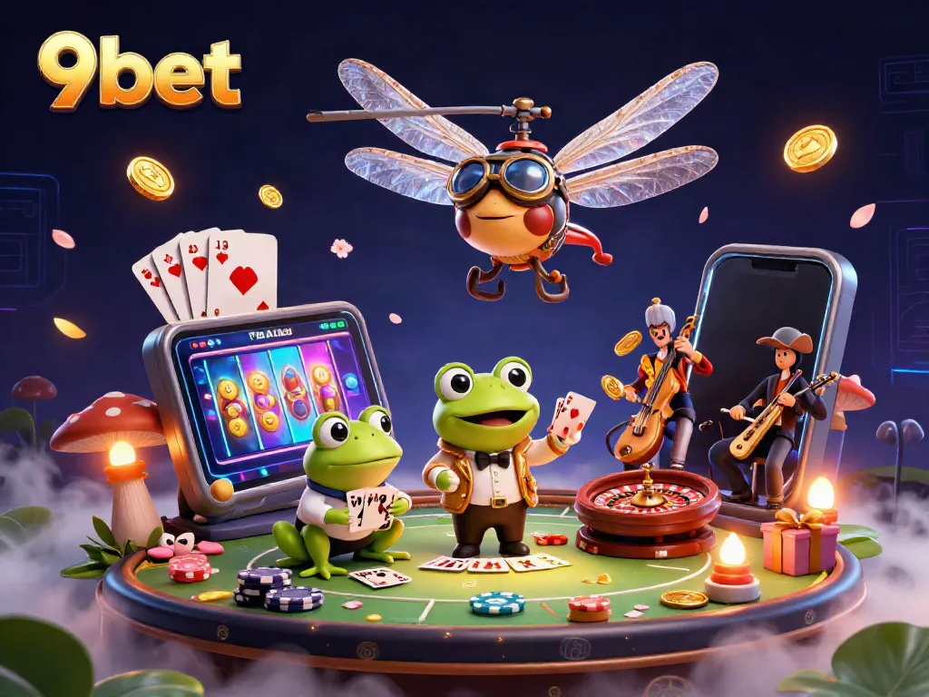 Experience thrilling wins at 9bet's vibrant lily pad casino scene with jazzing cricket musicians.