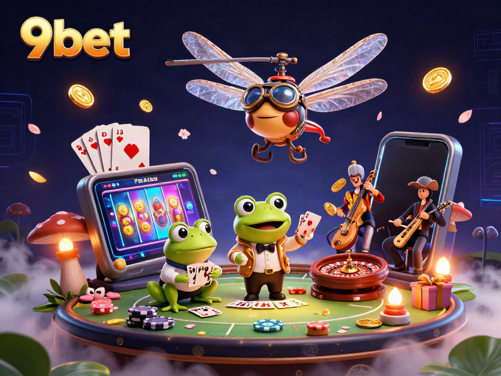Experience thrilling wins at 9bet's vibrant lily pad casino scene with jazzing cricket musicians.
