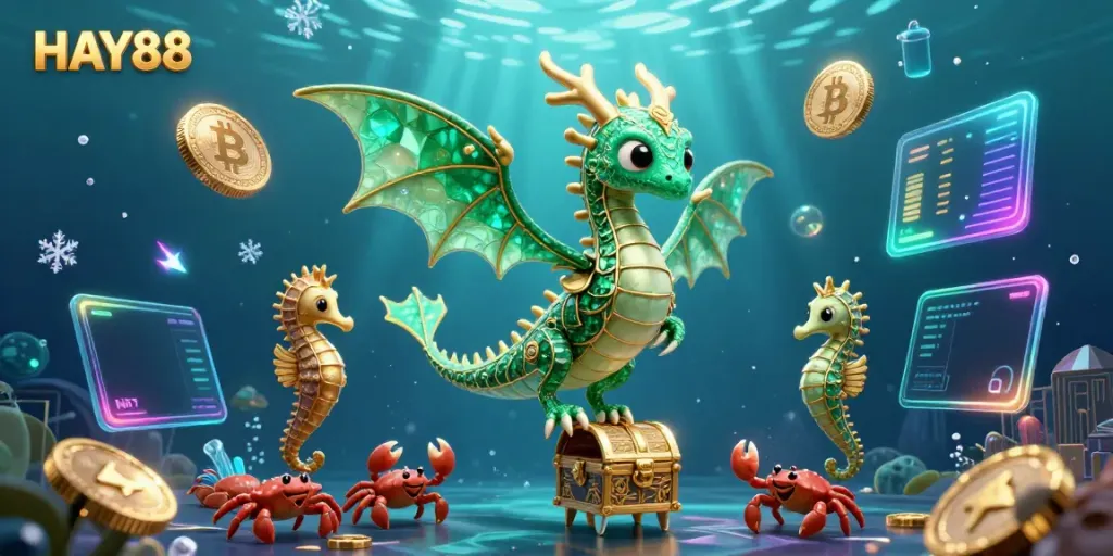 Engage with HAY88's interactive gaming experience featuring an emerald sea dragon and glowing crypto coins.