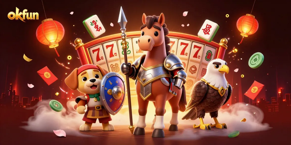 Win big with okfun in this lively 3D casino scene featuring knights and festive elements.