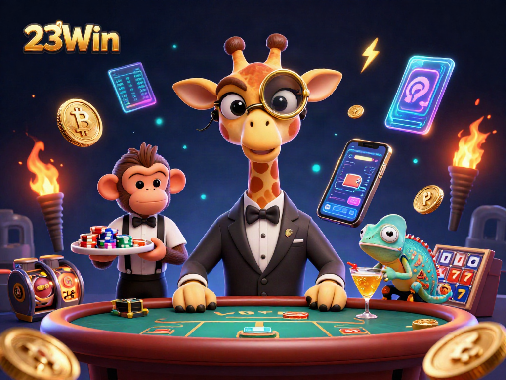 Engage in thrilling games with 23Win's colorful 3D casino scene showcasing playful characters and exciting elements.