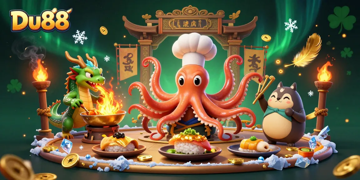 Experience Du88 action as a chef octopus and dragon create excitement in a vibrant casino scene.