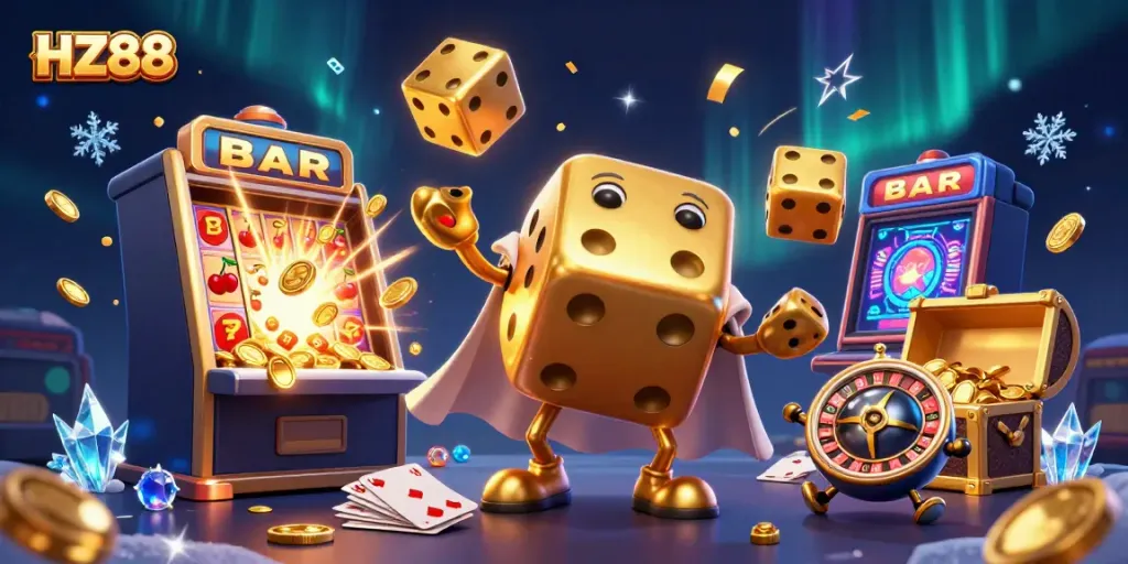 Experience HZ88's vibrant gaming world with a whimsical 3D casino illustration showcasing dynamic game elements and characters.