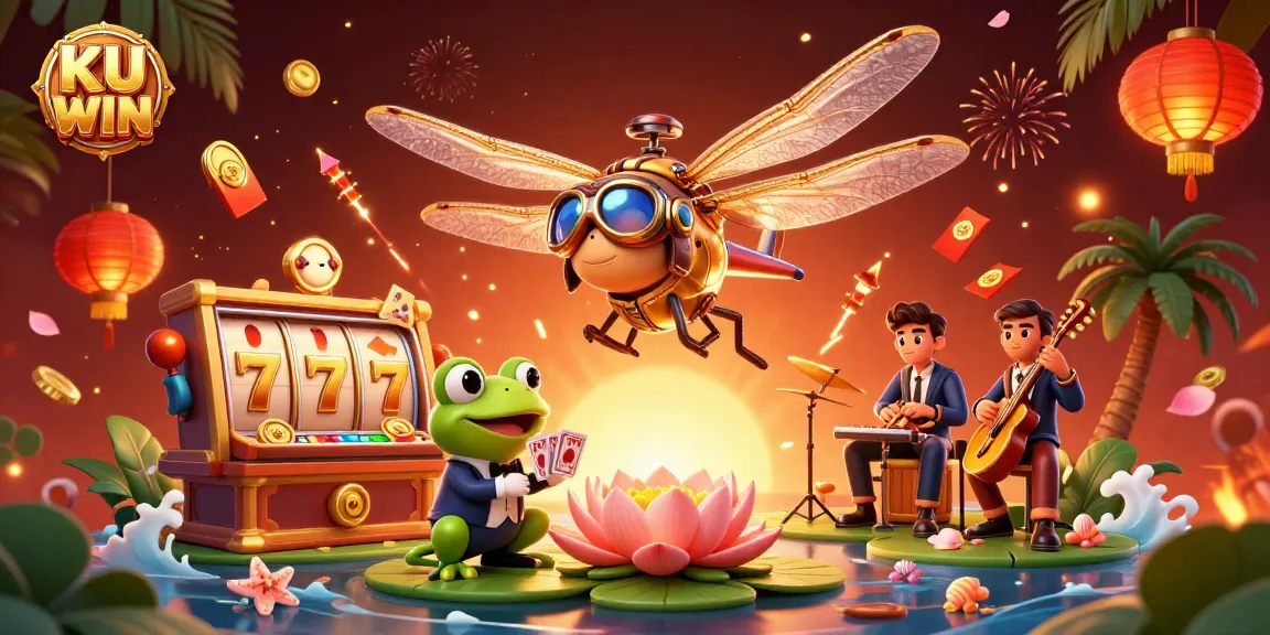 Experience the thrill of KU WIN with vibrant casino elements and lively characters in this stunning 3D scene.