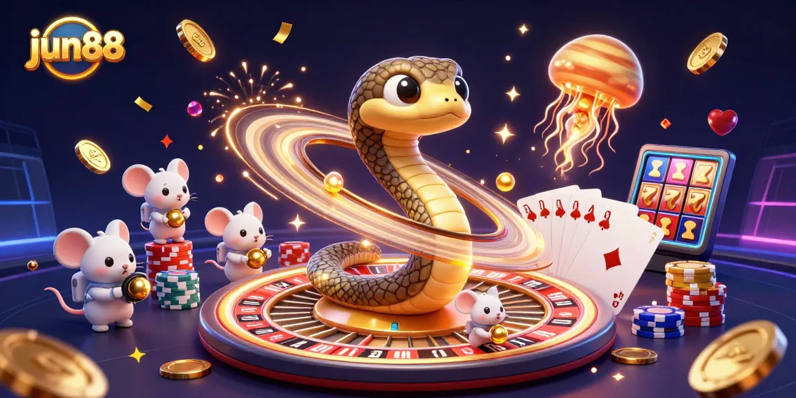 Experience gaming excitement at jun88 with a vibrant cosmic gambling scene featuring a roulette wheel and astronaut mice.