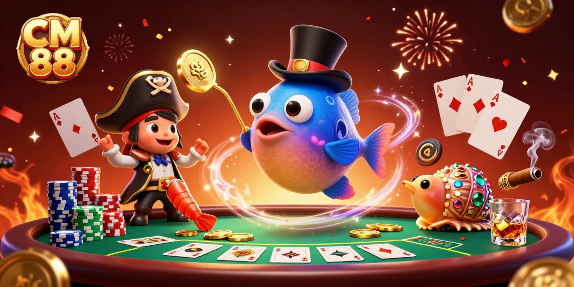 Engage with CM 88 Casino's vibrant 3D scene featuring dynamic characters and rich gambling elements.