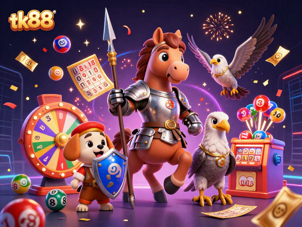 Engage with tk88's vibrant lottery scene featuring a knight, puppy, and falcon amid colorful gaming elements.