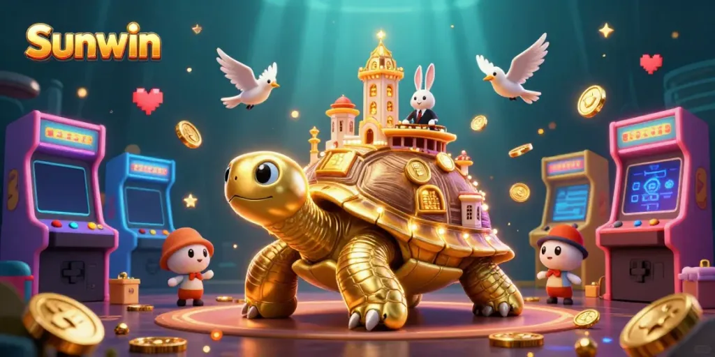 Experience thrilling gameplay at Sunwin with a vibrant 3D casino scene featuring a golden tortoise and a rabbit dealer.