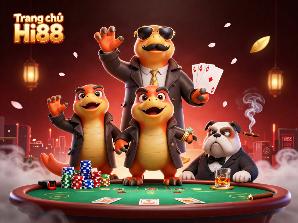 Experience the thrilling atmosphere of Trang chủ Hi88 with raptors in disguise at a poker table.