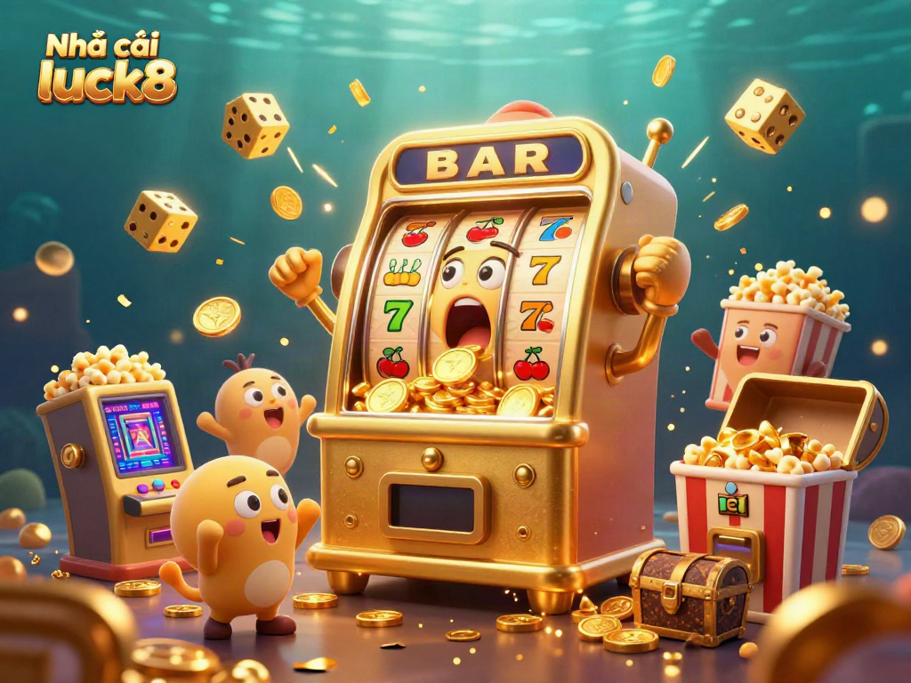 Experience a thrilling jackpot with Nhà cái luck8 as cartoon slot machines celebrate the big win.