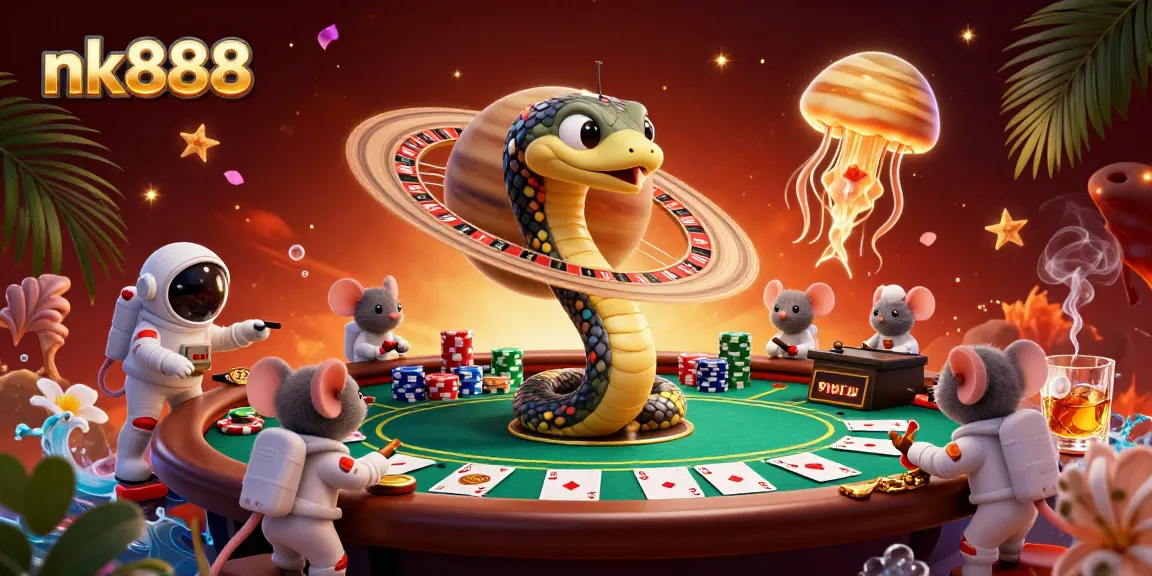 Engage with the cosmic thrill of nk888 as a Saturn ring snake entwines a roulette wheel while astronaut mice wager.