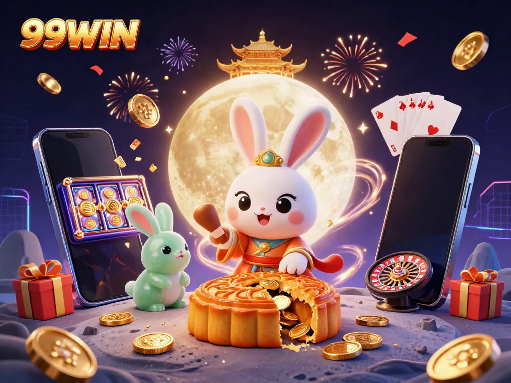 Experience excitement with 99WIN as moon rabbits unveil poker chips on a festive lunar scene.
