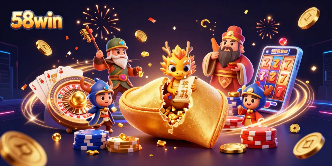Engage with the exciting world of 58win as you encounter vibrant casino elements and golden treasures.