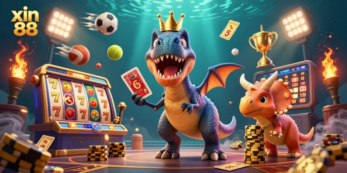 xIn 88 showcases thrilling casino gaming with cartoon dinosaurs shuffling cards and stacking chips.