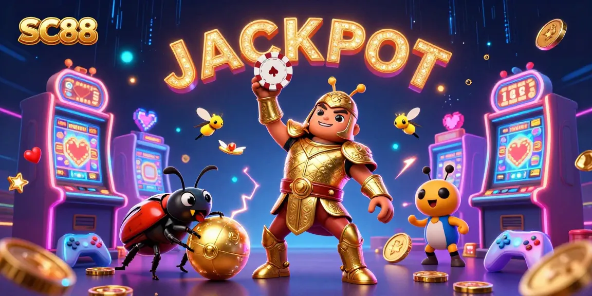 SC88 players celebrating a huge jackpot with a 3D cartoon hercules beetle and magical elements.