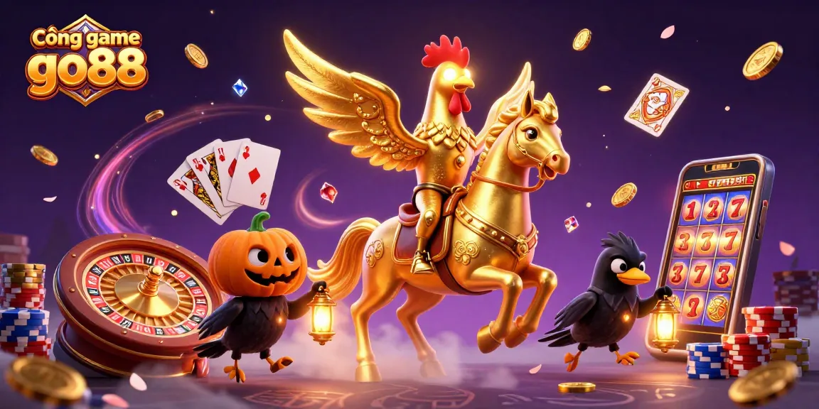 Cổng game go88 features a 3D cartoon golden rooster in a midnight casino with vibrant gaming elements.