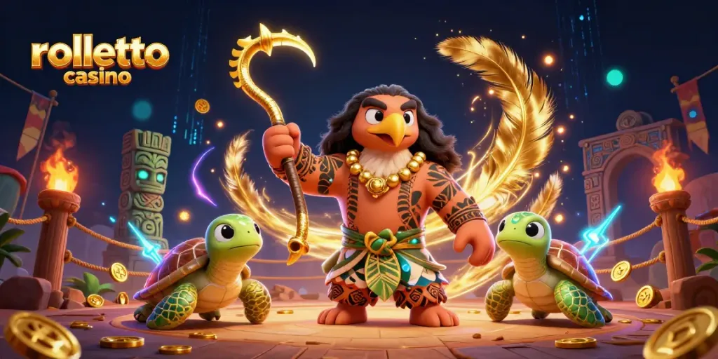 Experience rolletto casino with vibrant demigod characters and exciting gambling elements in a festive 3D illustration.