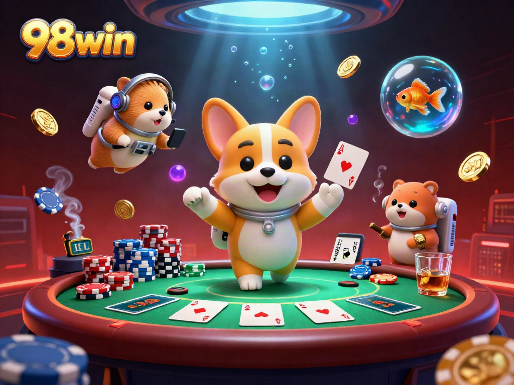 Experience thrilling gameplay at 98win with a playful astronaut corgi and a vibrant casino scene.