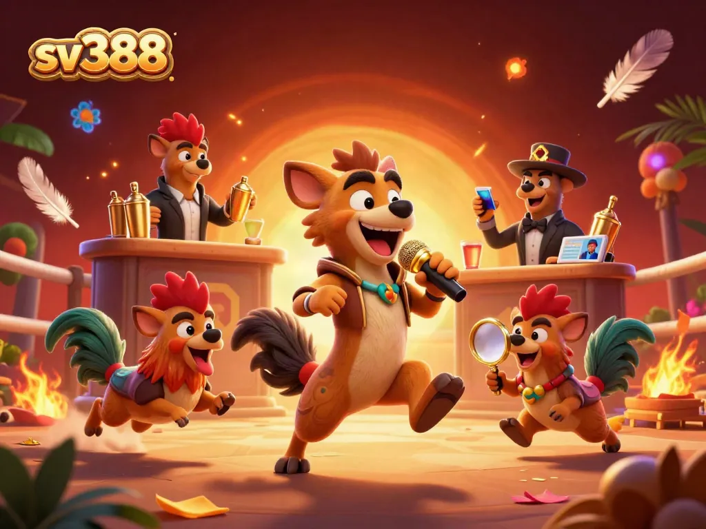 Experience the vibrant energy of sv388's cockfighting casino with hyenas entertaining guests.