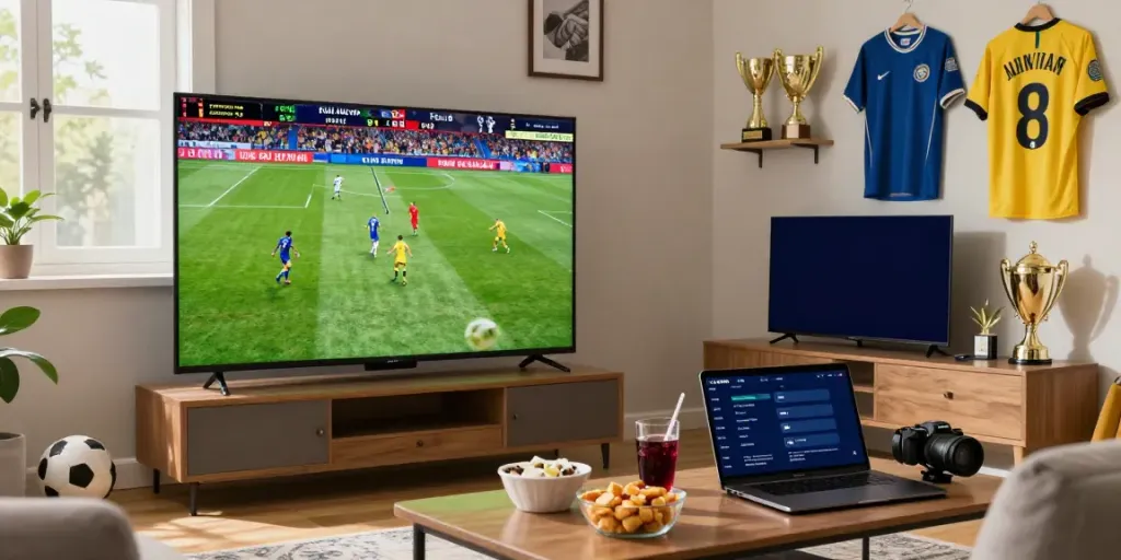 Live soccer match on TV with fan enjoying the experience at home, featuring xoilactv streaming and vibrant decor.