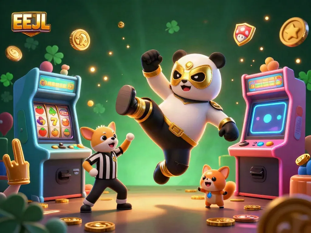 Experience thrilling EEJL action with a panda wrestler, vibrant arcade machines, and exciting slot elements.