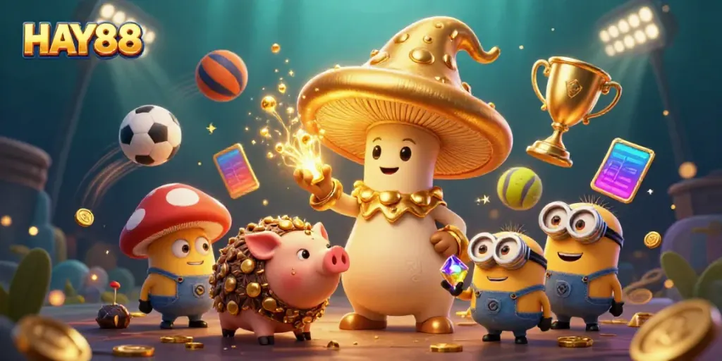 HAY88 captivates players with jackpot games featuring a golden wizard and dynamic sports elements.