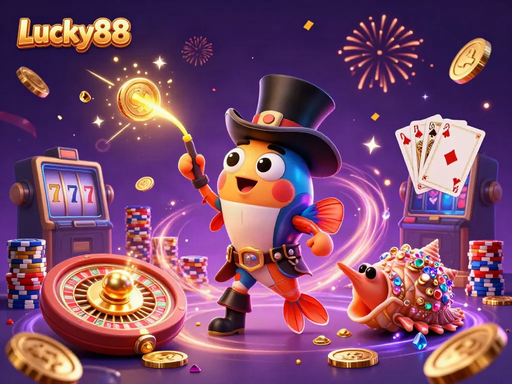 Experience thrilling wins at Lucky88 with 3D characters, cascading coins, and festive casino elements.