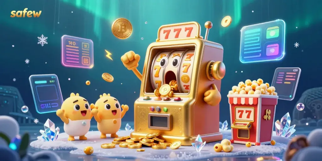 Experience safew's thrilling jackpot with a golden slot machine and vibrant crypto elements!