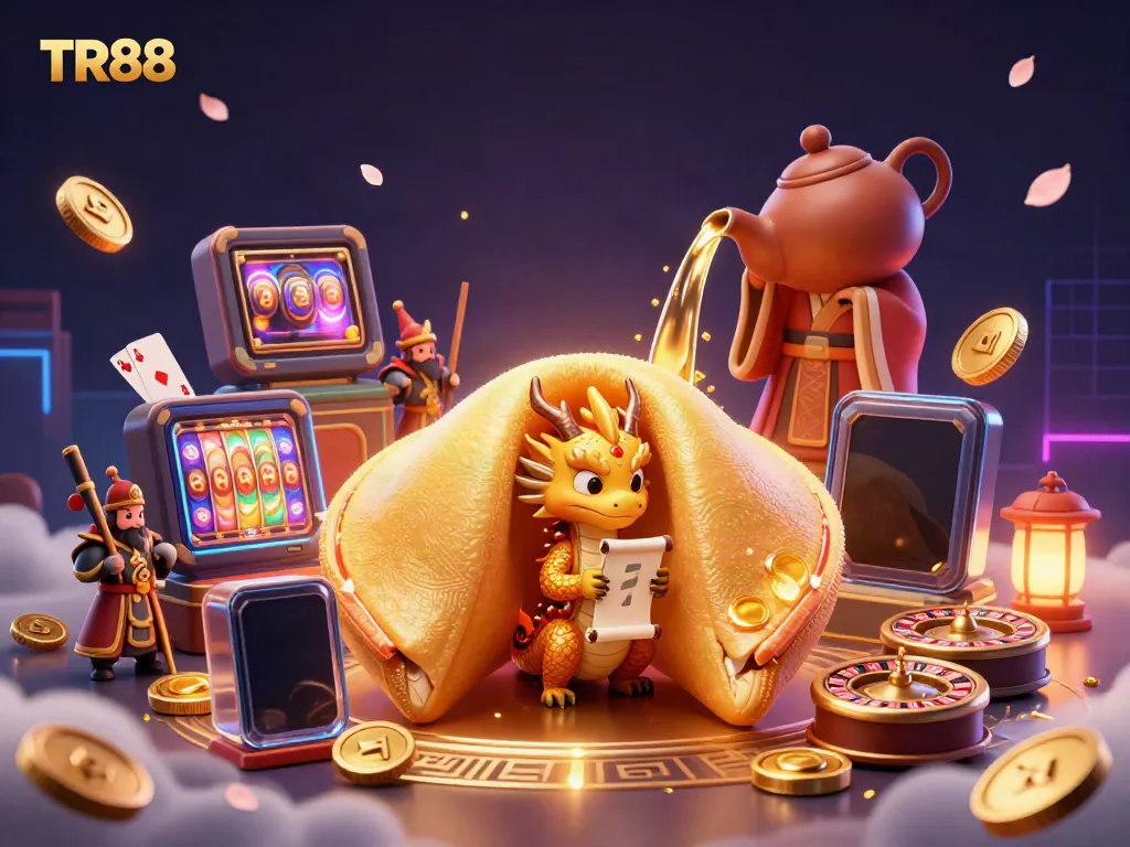 Engage with the TR88 online casino experience featuring a vibrant scene of gaming symbols, coins, and characters.