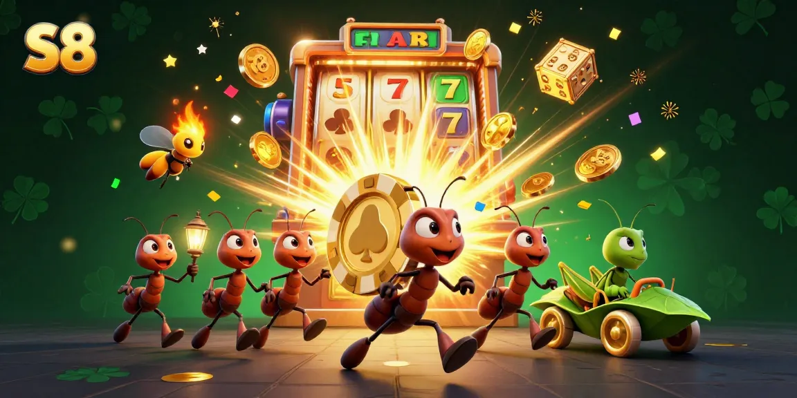 Ants steal a giant poker chip in a vibrant casino scene showcasing S8 excitement.