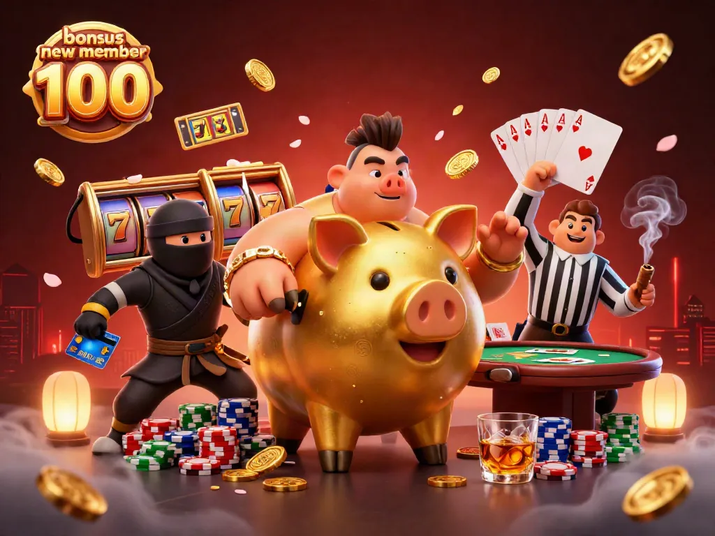 Exciting scene depicting bonus new member 100 with a giant piggy bank and casino elements, celebrating new players' rewards.