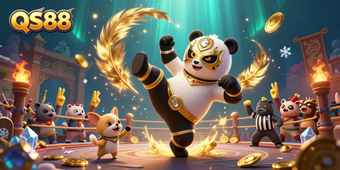 Experience thrilling action at QS88 with a lively scene featuring a wrestling panda, cheering animal spectators, and dynamic casino elements.