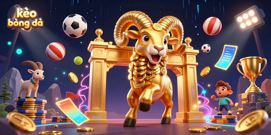 Engaging scene featuring kèo bóng đá with animated sports balls and a golden ram at a captivating golden gate.