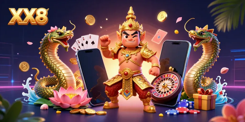 Experience exhilarating casino gaming with XX8 featuring a dynamic scene of golden yaksha, Naga serpents, and slot elements.