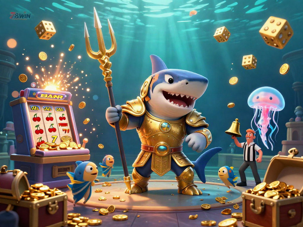 Experience the thrilling 78WIN online casino with a dynamic underwater gaming scene featuring a gladiator shark and exciting jackpot elements.