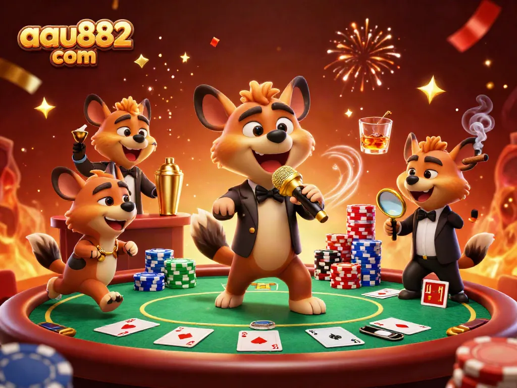 Hyenas entertain in a colorful casino scene, showcasing aau882 com's vibrant atmosphere and fun.