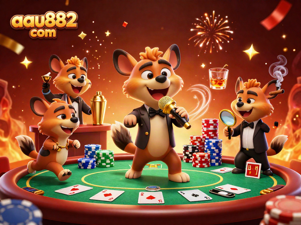 Hyenas entertain in a colorful casino scene, showcasing aau882 com's vibrant atmosphere and fun.