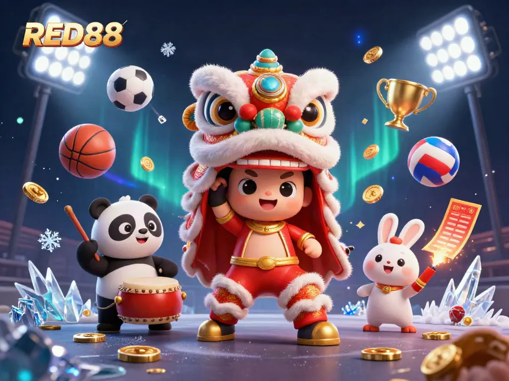 Engage in thrilling casino action at RED88 with vibrant lion dance illustration and dynamic sports elements.