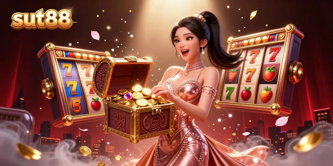 Sut88 showcases a vibrant scene filled with slot reels and treasures, capturing the excitement of casino gaming.