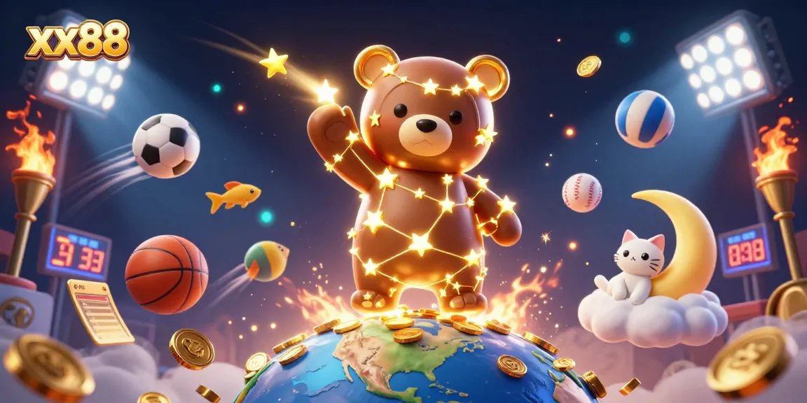 Experience thrilling gameplay with xx88's constellation bear and golden coins in a vibrant casino scene.