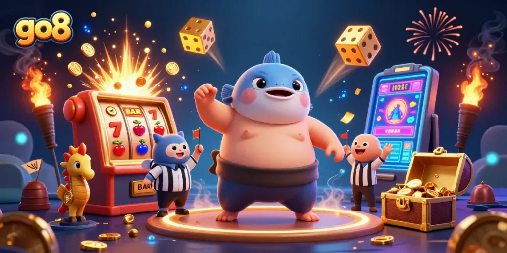 Play exciting slots at go8 with a festive underwater scene featuring vibrant characters and winning symbols.