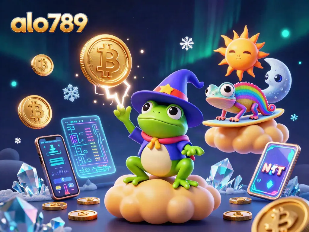 Engage with the exciting world of alo789 through a vibrant scene of casino-themed characters and crypto elements.